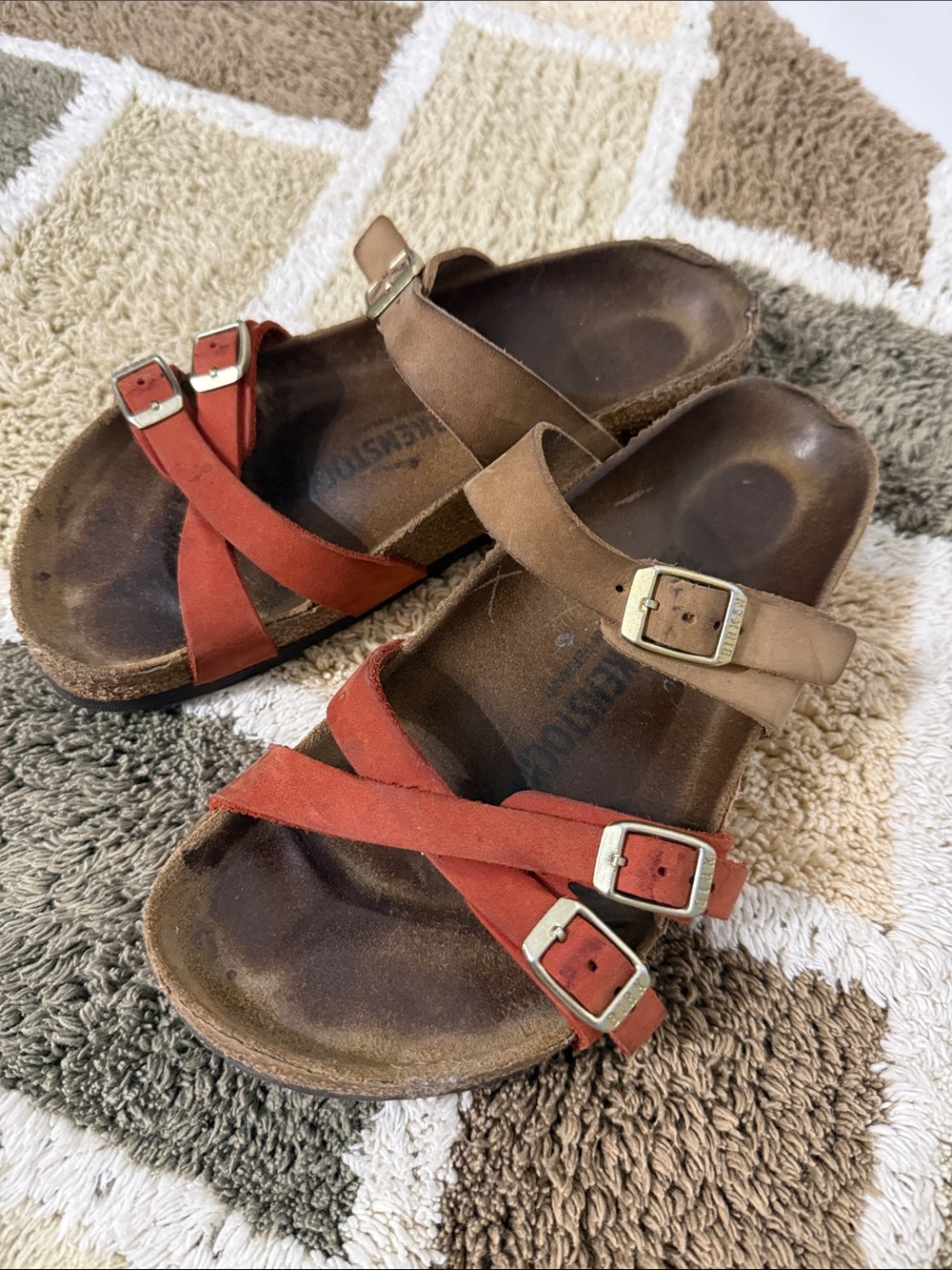 Birkenstock Two-Tone Red and Tan Cross-Strap Leather Slide Sandals - Picture 1 of 4
